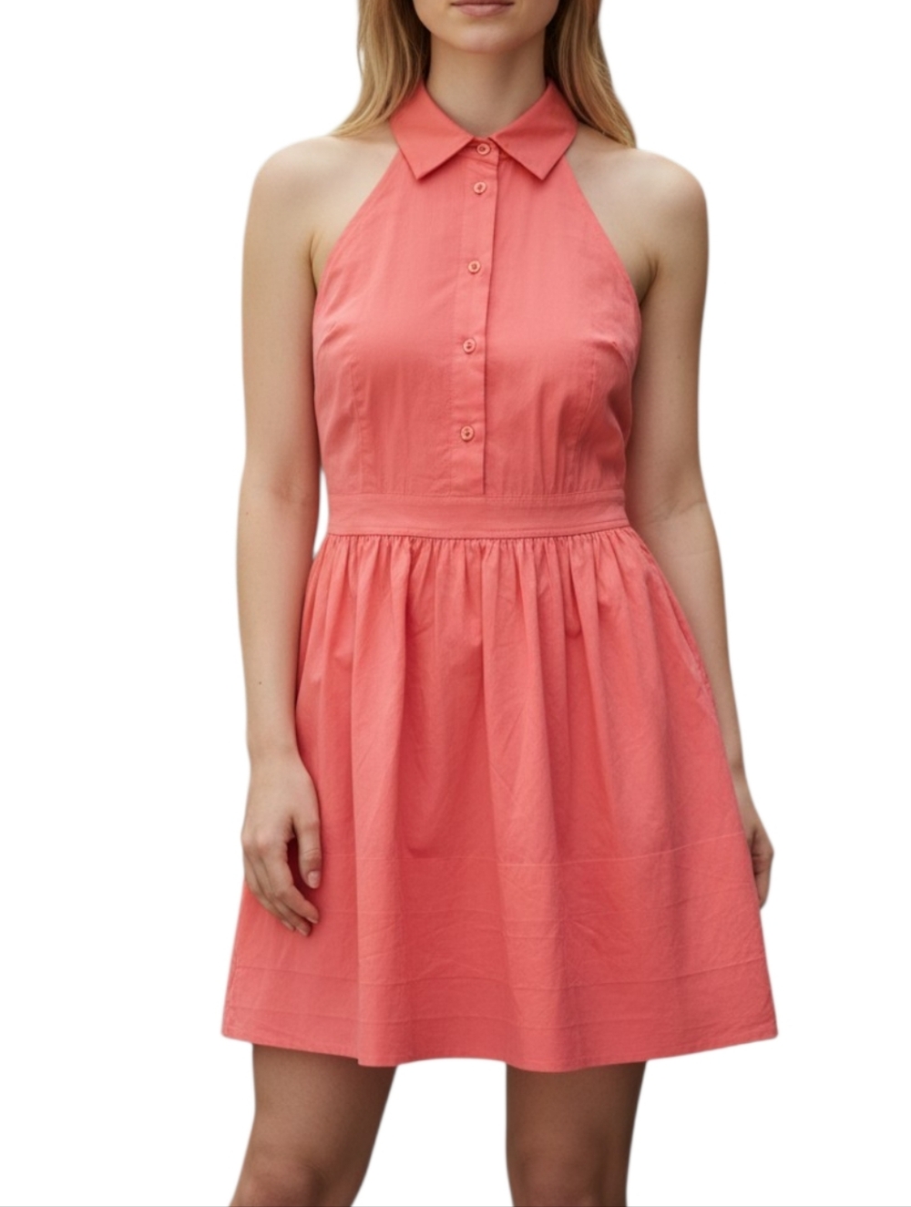 Boston Proper Coral Halter Style Button Front Cotton Dress